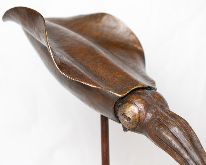 Bigfin Reef Squid bronze sculpture by Tom Saxton mounted on a vertical stand and Cotswold stone plinth, elegant marine life sculpture with flowing fins in rich dark bronze and warm copper-brown tones with subtle golden highlights