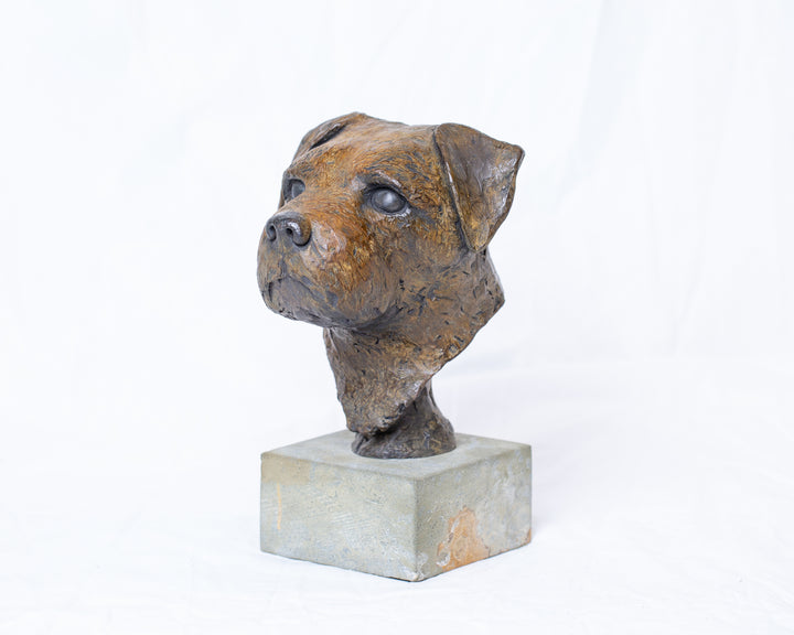 Sidney Border Terrier bronze sculpture by Tom Saxton mounted on a Cotswold stone plinth, expressive dog portrait bust with textured fur in warm copper-brown and dark bronze tones, contemporary canine bronze sculpture