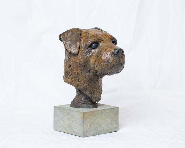 Sidney Border Terrier bronze sculpture by Tom Saxton mounted on a Cotswold stone plinth, expressive dog portrait bust with textured fur in warm copper-brown and dark bronze tones, contemporary canine bronze sculpture