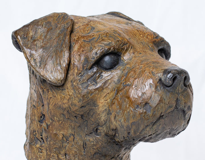 Sidney Border Terrier bronze sculpture by Tom Saxton mounted on a Cotswold stone plinth, expressive dog portrait bust with textured fur in warm copper-brown and dark bronze tones, contemporary canine bronze sculpture