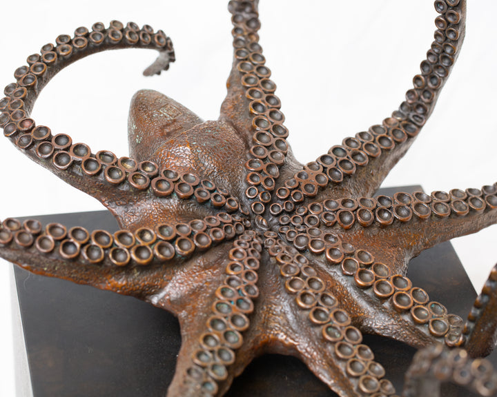 Octopus bronze sculpture by Tom Saxton draped across a dark patinated steel cube plinth, stylised marine creature with flowing tentacles in rich dark bronze and warm copper-brown tones, contemporary ocean wildlife bronze artwork