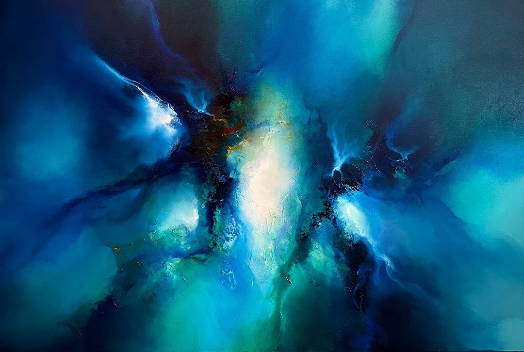 Taken by Simon Kenny — a dramatic abstract oil painting in deep ocean blues, indigo, turquoise, and radiant white, with textured bursts of light and shadow creating a powerful sense of movement, tension, and cosmic emergence.