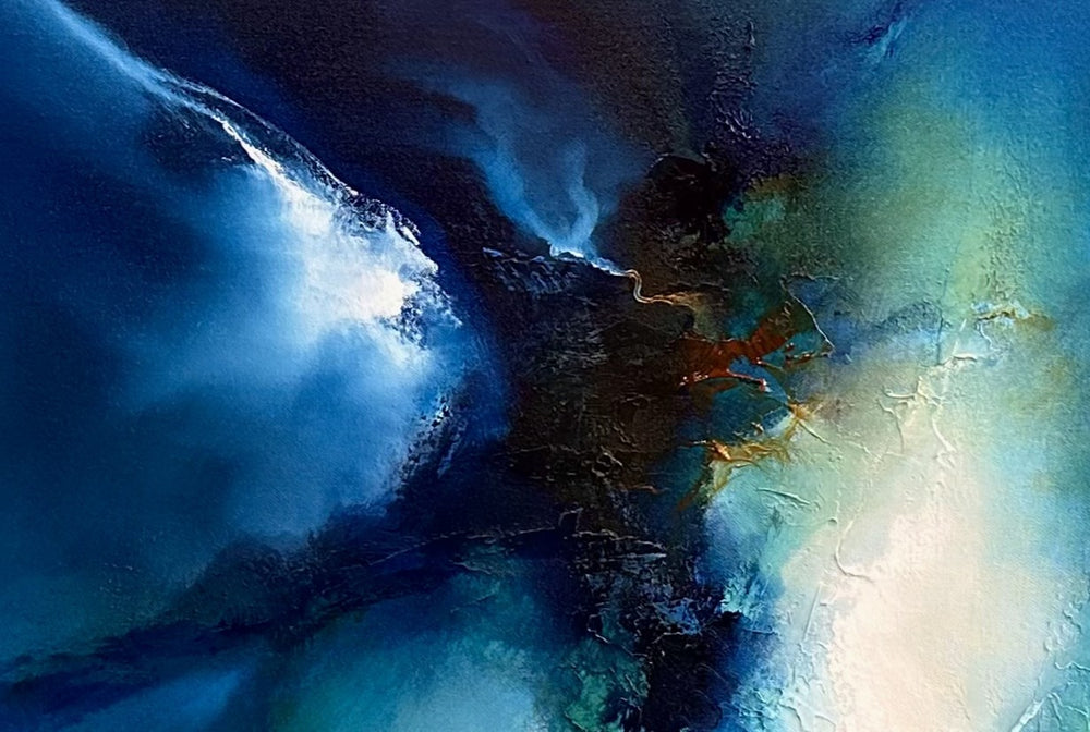 Taken by Simon Kenny — a dramatic abstract oil painting in deep ocean blues, indigo, turquoise, and radiant white, with textured bursts of light and shadow creating a powerful sense of movement, tension, and cosmic emergence.