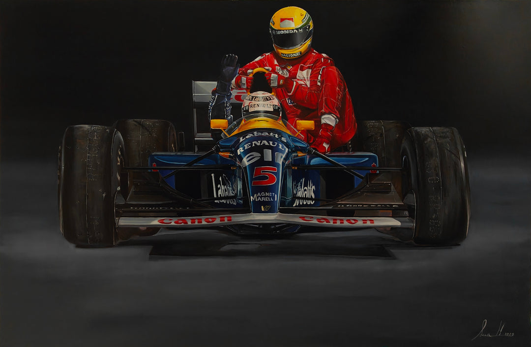 Hyperrealistic painting of the iconic “taxi ride” moment from the 1991 British Grand Prix — Ayrton Senna in red racing overalls and yellow helmet riding on the sidepod of Nigel Mansell’s blue Williams F1 car. The scene captures raw camaraderie amid competition, with worn tyres, sponsor decals, and mechanical details rendered in striking detail against a dramatic dark background.