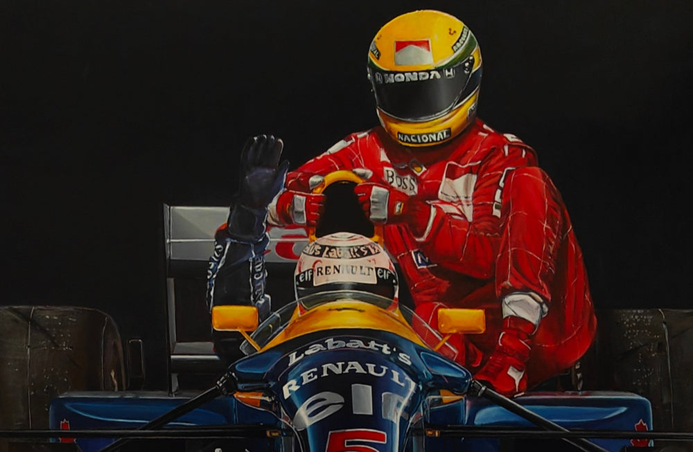 Hyperrealistic painting of the iconic “taxi ride” moment from the 1991 British Grand Prix — Ayrton Senna in red racing overalls and yellow helmet riding on the sidepod of Nigel Mansell’s blue Williams F1 car. The scene captures raw camaraderie amid competition, with worn tyres, sponsor decals, and mechanical details rendered in striking detail against a dramatic dark background.