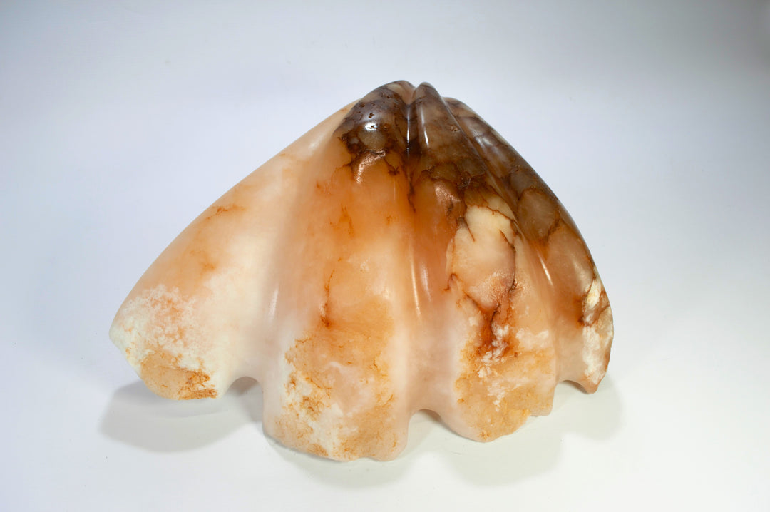 Deborah Harrison sculpture Tear of Joy, a one-off alabaster artwork resembling a shell-like vessel cradling a smooth alabaster sphere. The stone’s warm peach, cream, and brown veining creates a natural marbled effect, suggesting purity, renewal, and the symbolic form of a pearl within a shell.