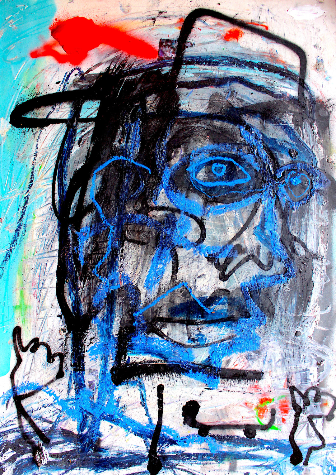Expressive mixed media artwork by James Green featuring a rough, abstract blue and black portrait with wide eyes and angular lines, set against a textured grey and turquoise background with splashes of red and hints of neon green.