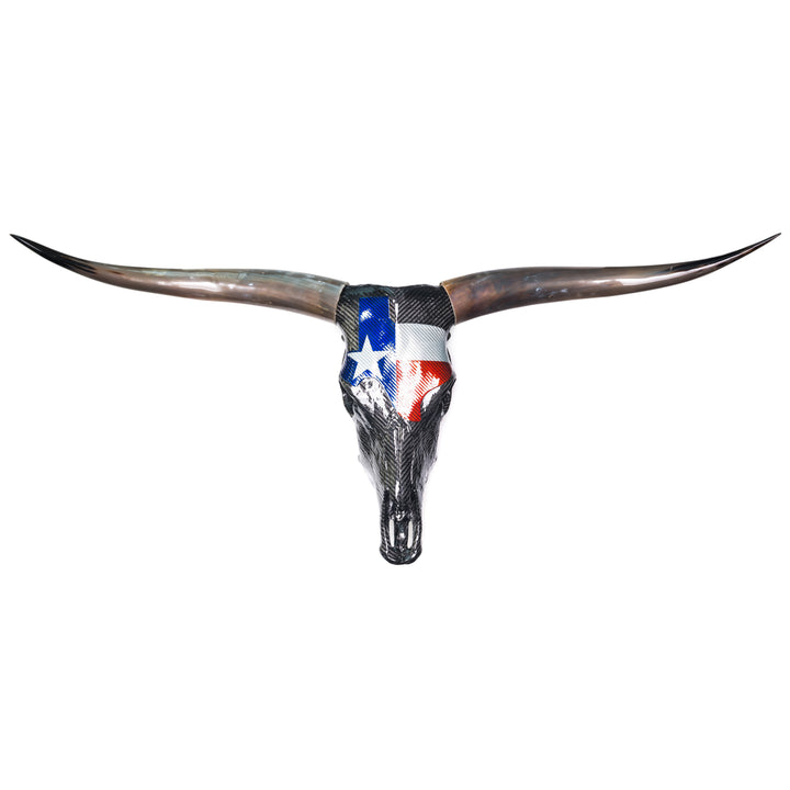 Alastair Gibson CarbonArt45 Texas Longhorn skull sculpture in carbon fibre with Texalium Texas flag detail, polished natural horns and titanium Formula One components