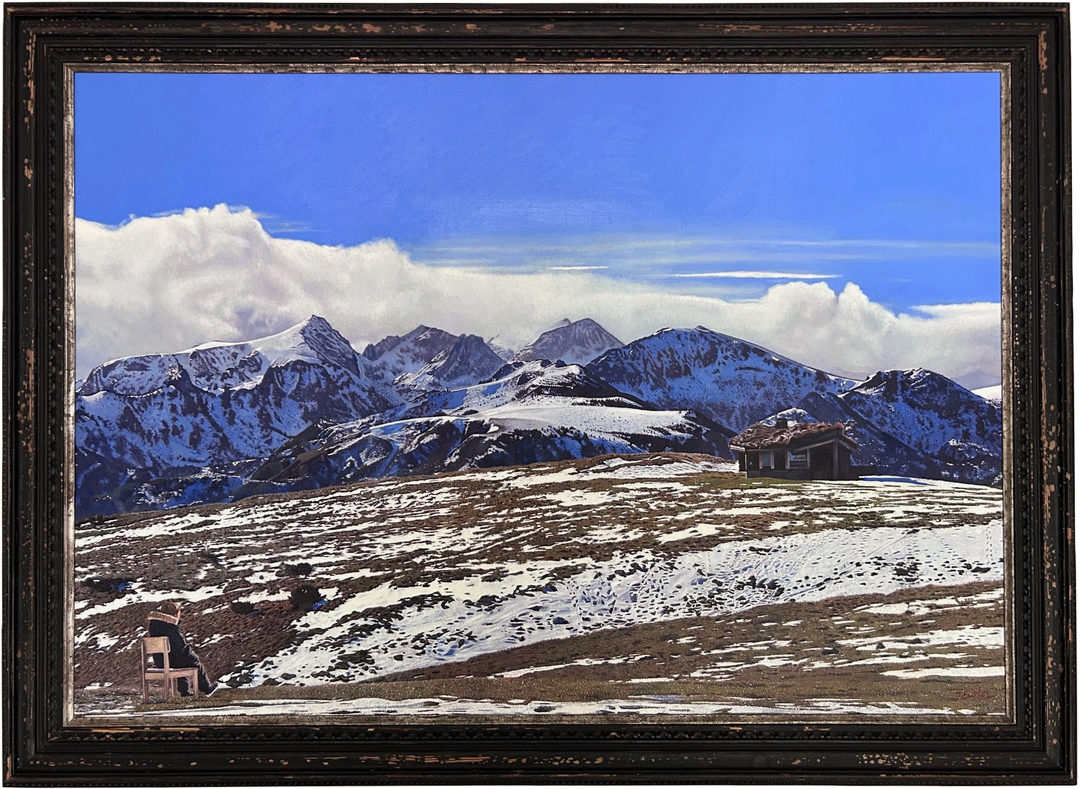 James Earley The Magic Door realism Print depicting a young boy seated alone on a chair overlooking a vast Pyrenean mountain landscape, with snow-covered peaks stretching beneath a deep blue sky. The composition balances solitude and openness, with the small figure placed against an expansive horizon, evoking quiet reflection, emotional release and a sense of escape into nature.