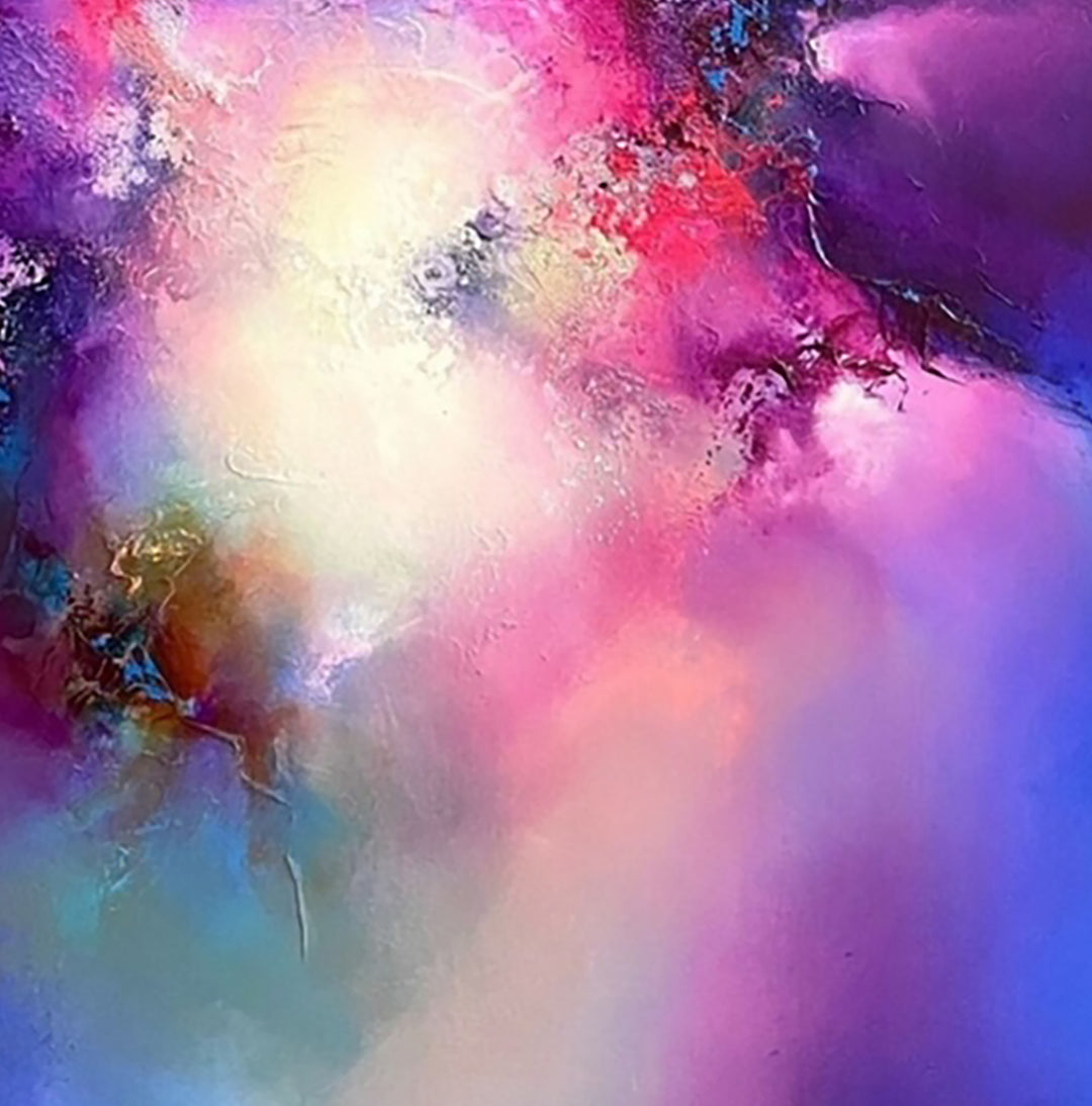 The Age of Forever by Simon Kenny — a luminous abstract oil painting in vivid purples, radiant pinks, deep blues, and soft white light, forming a cosmic, atmospheric burst of colour and energy across the canvas.