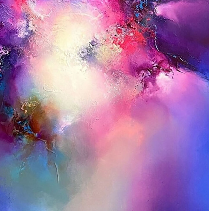 The Age of Forever by Simon Kenny — a luminous abstract oil painting in vivid purples, radiant pinks, deep blues, and soft white light, forming a cosmic, atmospheric burst of colour and energy across the canvas.
