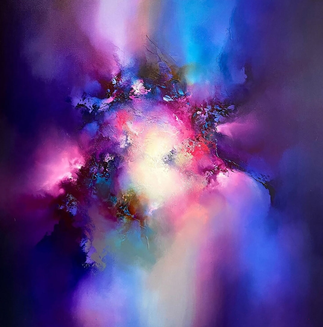 The Age of Forever by Simon Kenny — a luminous abstract oil painting in vivid purples, radiant pinks, deep blues, and soft white light, forming a cosmic, atmospheric burst of colour and energy across the canvas.
