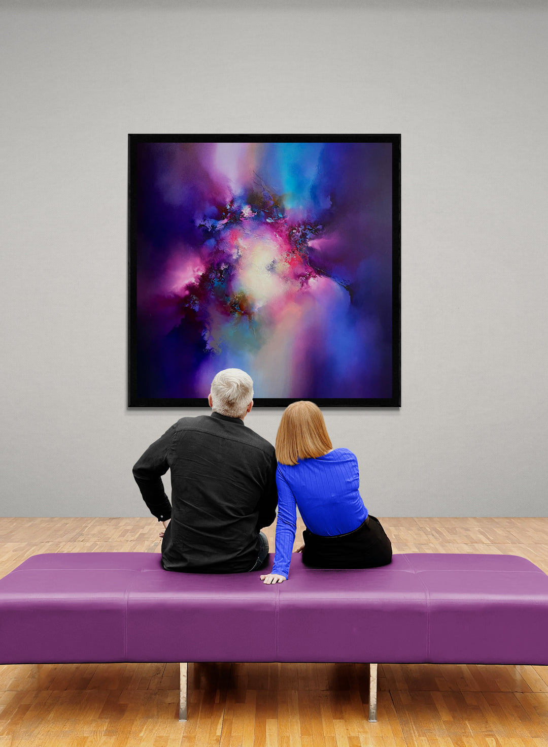 The Age of Forever by Simon Kenny — a luminous abstract oil painting in vivid purples, radiant pinks, deep blues, and soft white light, forming a cosmic, atmospheric burst of colour and energy across the canvas.