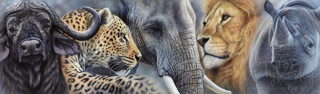 Painting of Africa’s Big Five animals—buffalo, leopard, elephant, lion, and rhino—lined up in a striking composition.