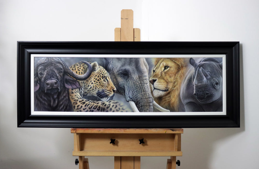 Painting of Africa’s Big Five animals—buffalo, leopard, elephant, lion, and rhino—lined up in a striking composition.