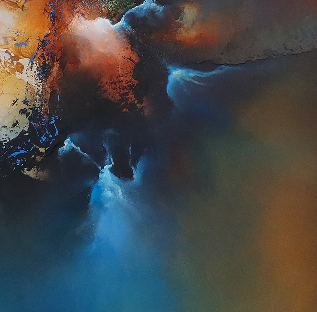 The Core by Simon Kenny — a powerful abstract oil painting with fiery golds, deep blues, searing whites, and rich crimson converging into a radiant, explosive centre that evokes cosmic energy, movement, and transformation.
