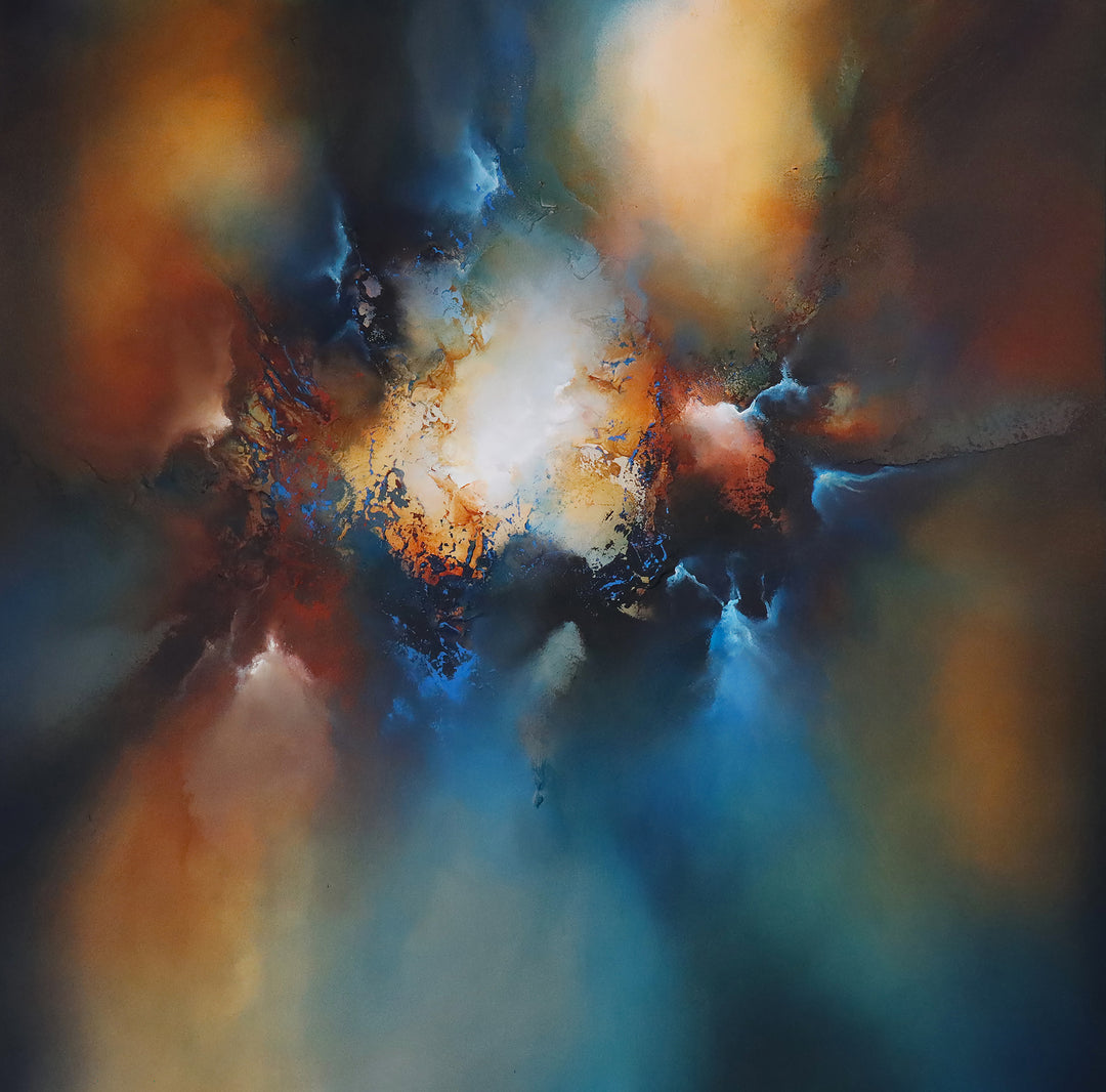 The Core by Simon Kenny — a powerful abstract oil painting with fiery golds, deep blues, searing whites, and rich crimson converging into a radiant, explosive centre that evokes cosmic energy, movement, and transformation.