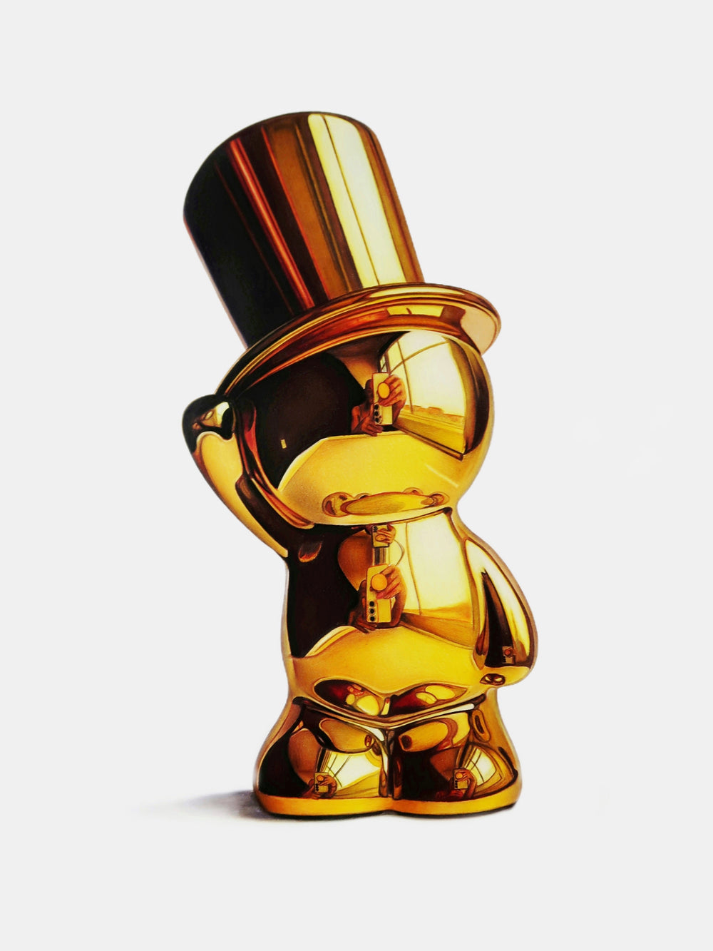 Hyperrealistic artwork of a golden figurine in a tall top hat, its polished metallic surface reflecting light and surroundings, creating a playful yet sophisticated character against a crisp white background.