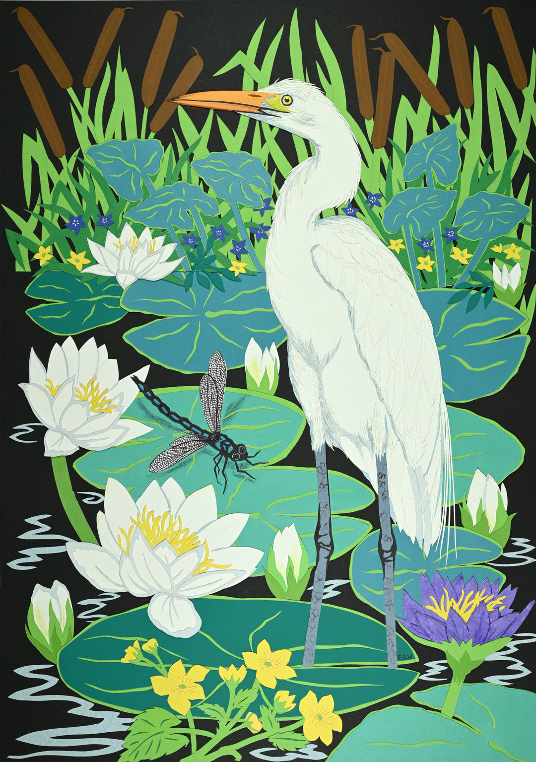 Cut-paper artwork depicting a white egret standing among waterlilies, reeds and lily pads, with bright green foliage, yellow blossoms and a detailed dragonfly, all composed from layered coloured papers.