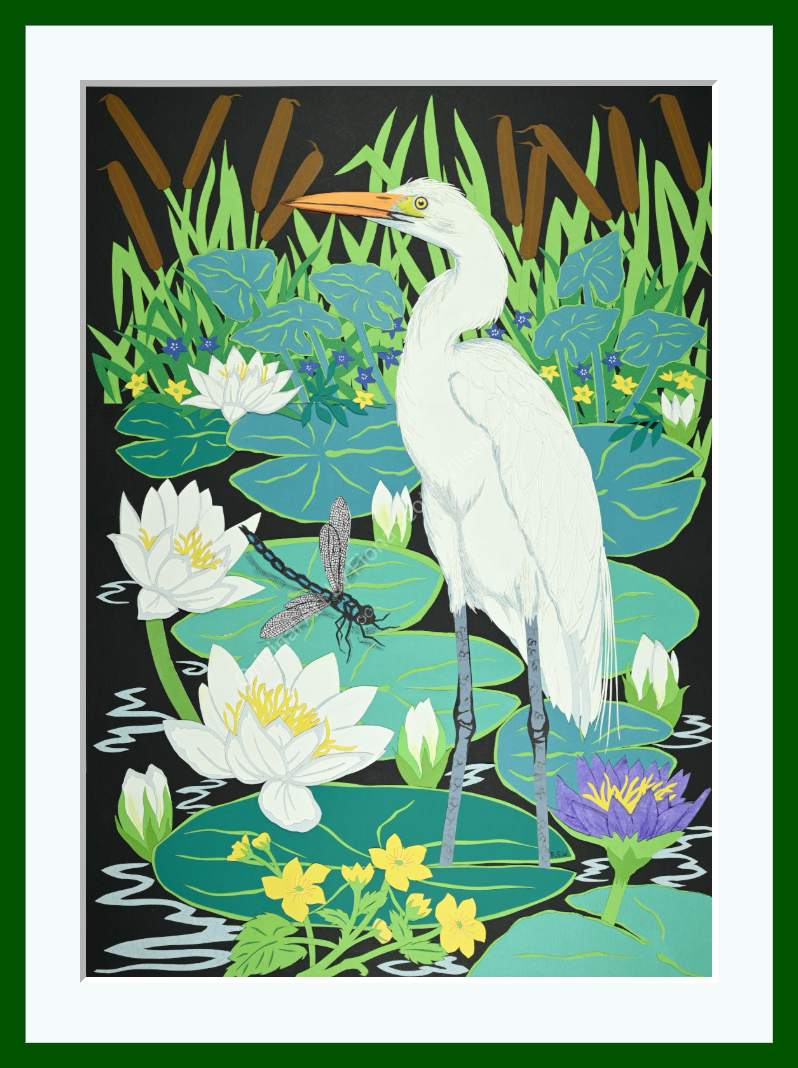 Cut-paper artwork depicting a white egret standing among waterlilies, reeds and lily pads, with bright green foliage, yellow blossoms and a detailed dragonfly, all composed from layered coloured papers.