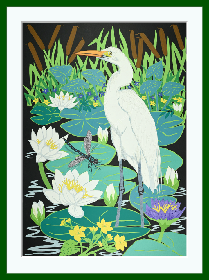 Cut-paper artwork depicting a white egret standing among waterlilies, reeds and lily pads, with bright green foliage, yellow blossoms and a detailed dragonfly, all composed from layered coloured papers.