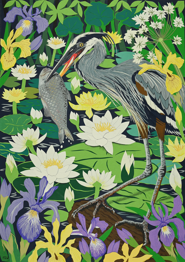 Cut-paper artwork of a heron holding a fish among dense waterlilies, irises and vivid green foliage, with layered coloured papers creating a vibrant pond scene full of movement and detail.