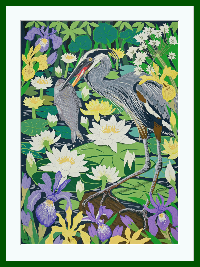Cut-paper artwork of a heron holding a fish among dense waterlilies, irises and vivid green foliage, with layered coloured papers creating a vibrant pond scene full of movement and detail.