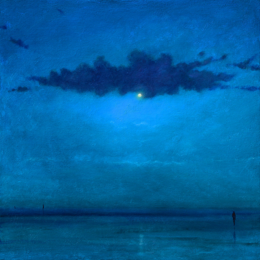Derek Hare oil painting seascape of a moonlit horizon with deep blue tones, soft cloud cover and a solitary figure reflected on calm water.