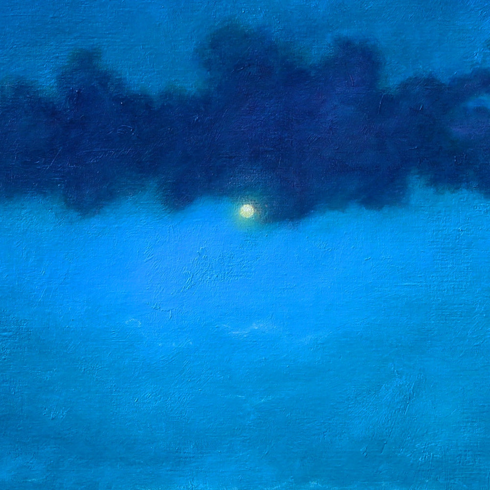 Derek Hare oil painting seascape of a moonlit horizon with deep blue tones, soft cloud cover and a solitary figure reflected on calm water.