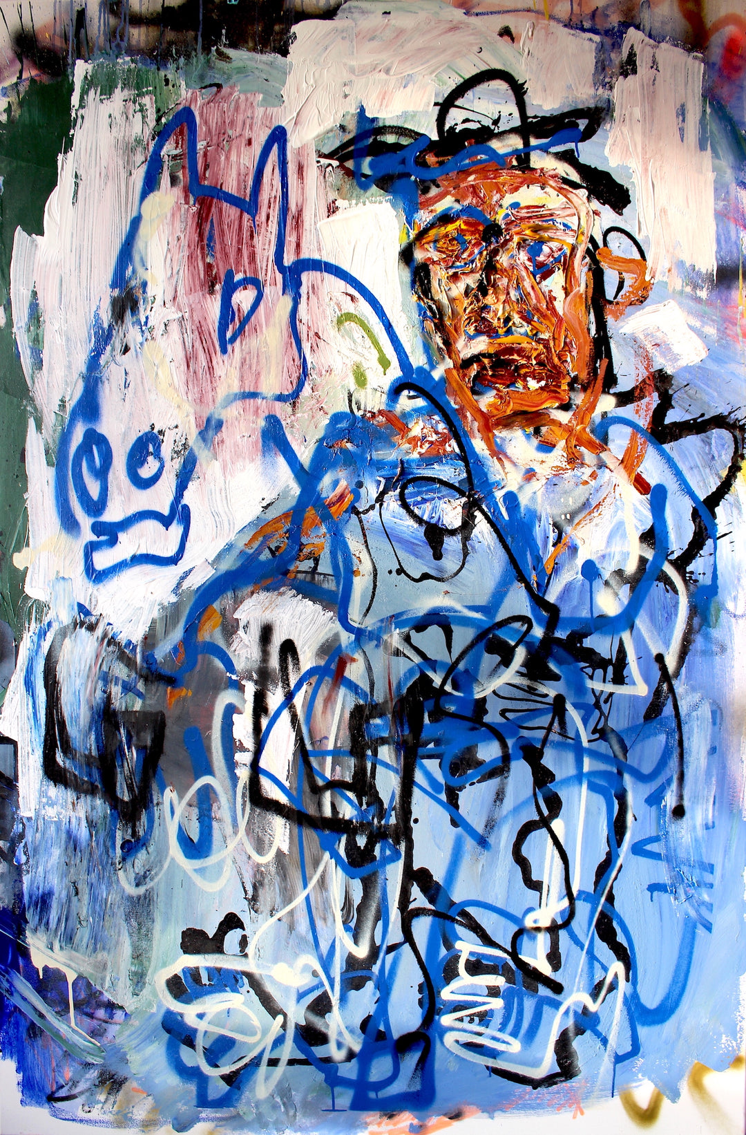 Large abstract expressionist painting combining figurative and graffiti-style elements, featuring a distorted human face rendered in burnt orange, cream, and black brushstrokes. A bold blue outline of a cartoon-like animal sits to the left, while chaotic layers of deep blue, white, and black spray paint form a web of scribbled lines across a textured background of pale blue, grey, and pink. The composition conveys movement, tension, and urban energy.