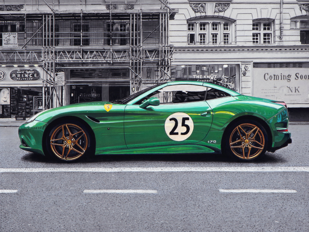 Limited edition giclée print by Ray West depicting a green Ferrari California T parked in Knightsbridge, London, rendered in hyper-realistic pastel detail with a monochrome urban streetscape, architectural shopfronts, scaffolding, and a vivid Verde Metallizzato body contrasting against the muted city background, printed on archival quality fine art paper.
