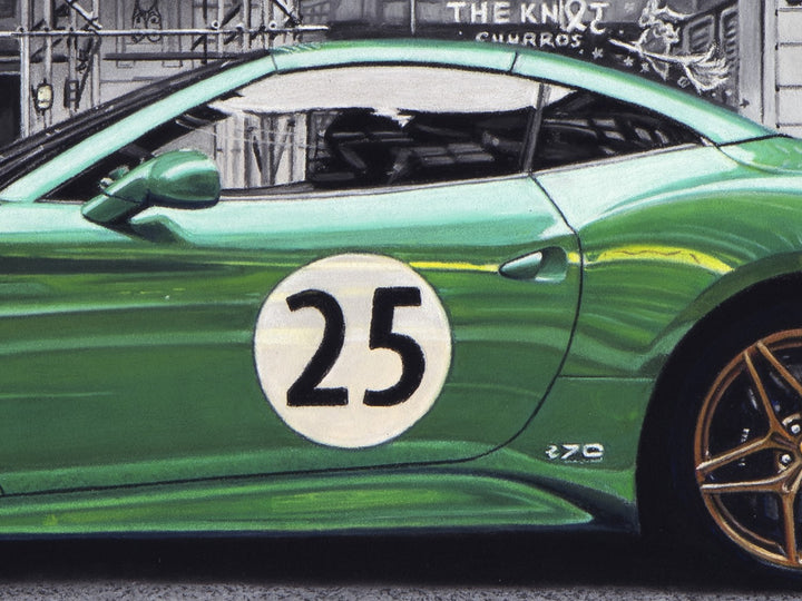 Limited edition giclée print by Ray West depicting a green Ferrari California T parked in Knightsbridge, London, rendered in hyper-realistic pastel detail with a monochrome urban streetscape, architectural shopfronts, scaffolding, and a vivid Verde Metallizzato body contrasting against the muted city background, printed on archival quality fine art paper.