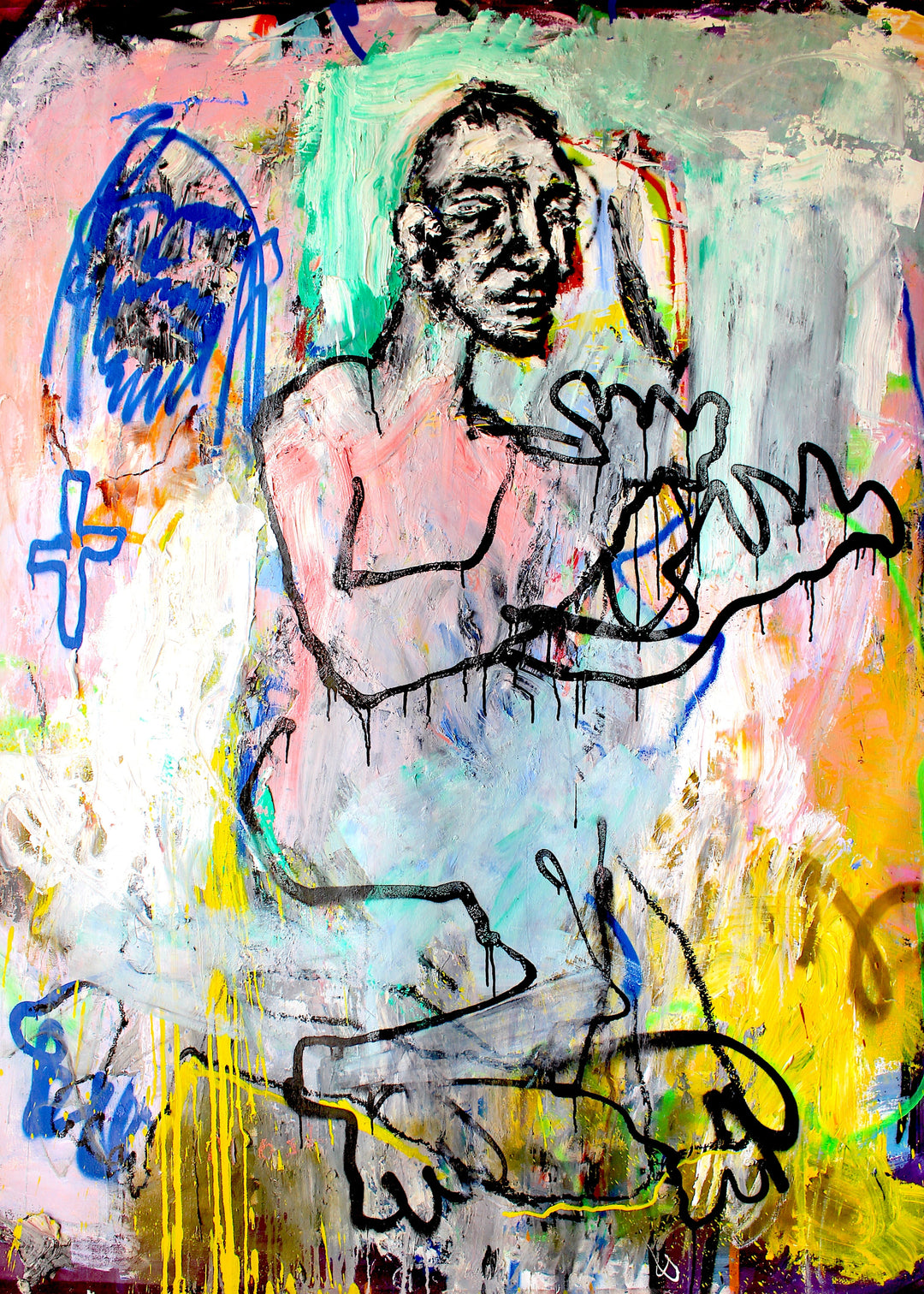 Large expressive abstract painting by James Green titled The Kneeling Horizon, featuring bold black line figures over layered pastel pink, mint green, and grey with vibrant yellow drips, textured brushstrokes, and raw gestural energy on unstretched canvas.