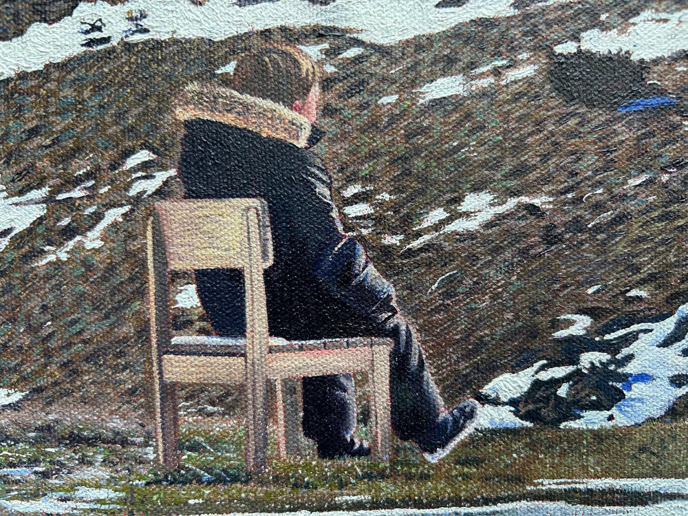 James Earley The Magic Door realism Print depicting a young boy seated alone on a chair overlooking a vast Pyrenean mountain landscape, with snow-covered peaks stretching beneath a deep blue sky. The composition balances solitude and openness, with the small figure placed against an expansive horizon, evoking quiet reflection, emotional release and a sense of escape into nature.