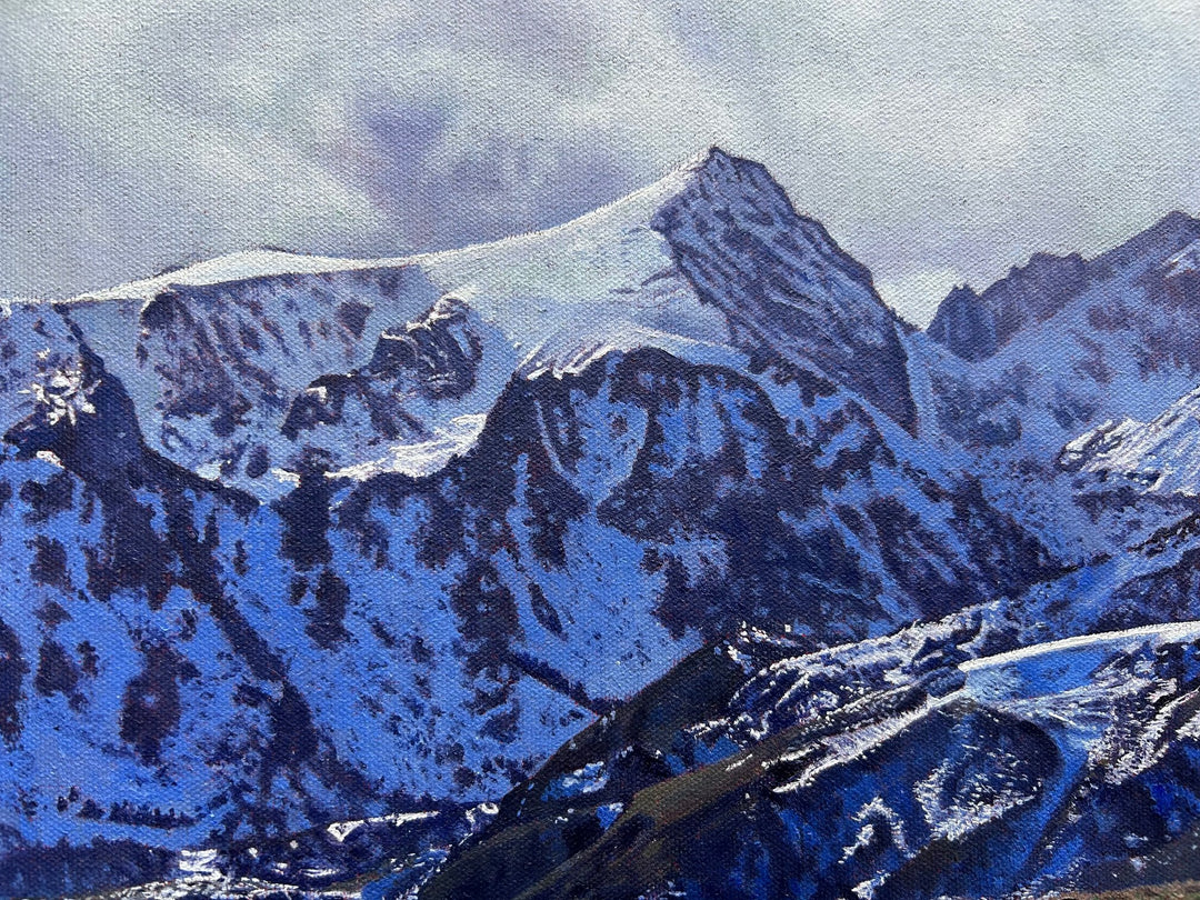 James Earley The Magic Door realism Print depicting a young boy seated alone on a chair overlooking a vast Pyrenean mountain landscape, with snow-covered peaks stretching beneath a deep blue sky. The composition balances solitude and openness, with the small figure placed against an expansive horizon, evoking quiet reflection, emotional release and a sense of escape into nature.