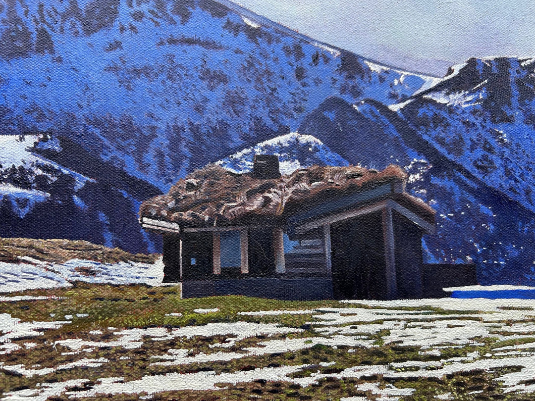 James Earley The Magic Door realism Print depicting a young boy seated alone on a chair overlooking a vast Pyrenean mountain landscape, with snow-covered peaks stretching beneath a deep blue sky. The composition balances solitude and openness, with the small figure placed against an expansive horizon, evoking quiet reflection, emotional release and a sense of escape into nature.