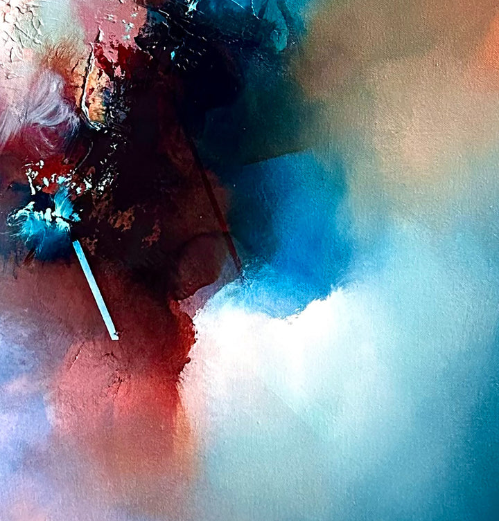 The Making of Time by Simon Kenny — an abstract oil painting blending teal, turquoise, indigo, soft white, and deep red with radiant bursts and linear accents, creating a dynamic, atmospheric composition that evokes shifting moments and evolving states of consciousness.