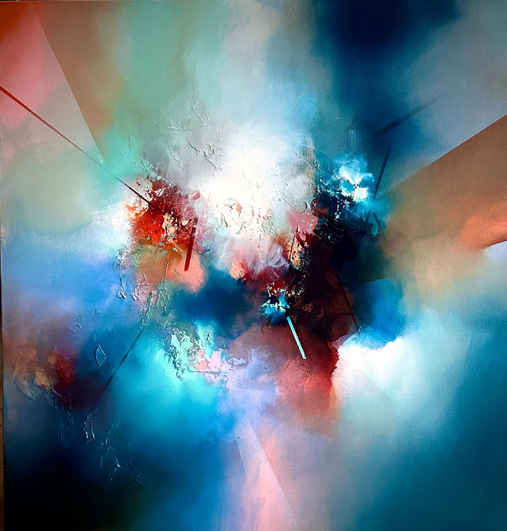 The Making of Time by Simon Kenny — an abstract oil painting blending teal, turquoise, indigo, soft white, and deep red with radiant bursts and linear accents, creating a dynamic, atmospheric composition that evokes shifting moments and evolving states of consciousness.
