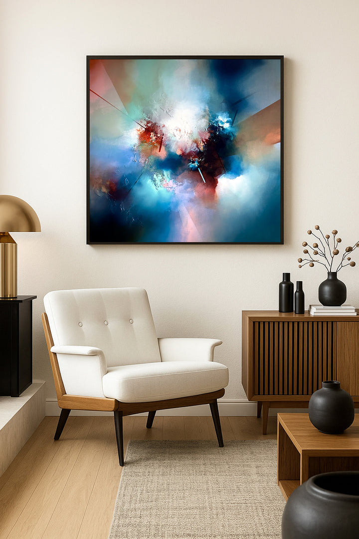 The Making of Time by Simon Kenny — an abstract oil painting blending teal, turquoise, indigo, soft white, and deep red with radiant bursts and linear accents, creating a dynamic, atmospheric composition that evokes shifting moments and evolving states of consciousness.