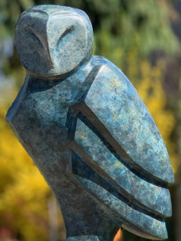 Marie Ackers The Midnight Owl bronze sculpture, limited edition, in deep blue-green patina. Stylised owl form perched on a rusted plinth, signed, numbered and foundry stamped, suitable for both indoor and outdoor display.