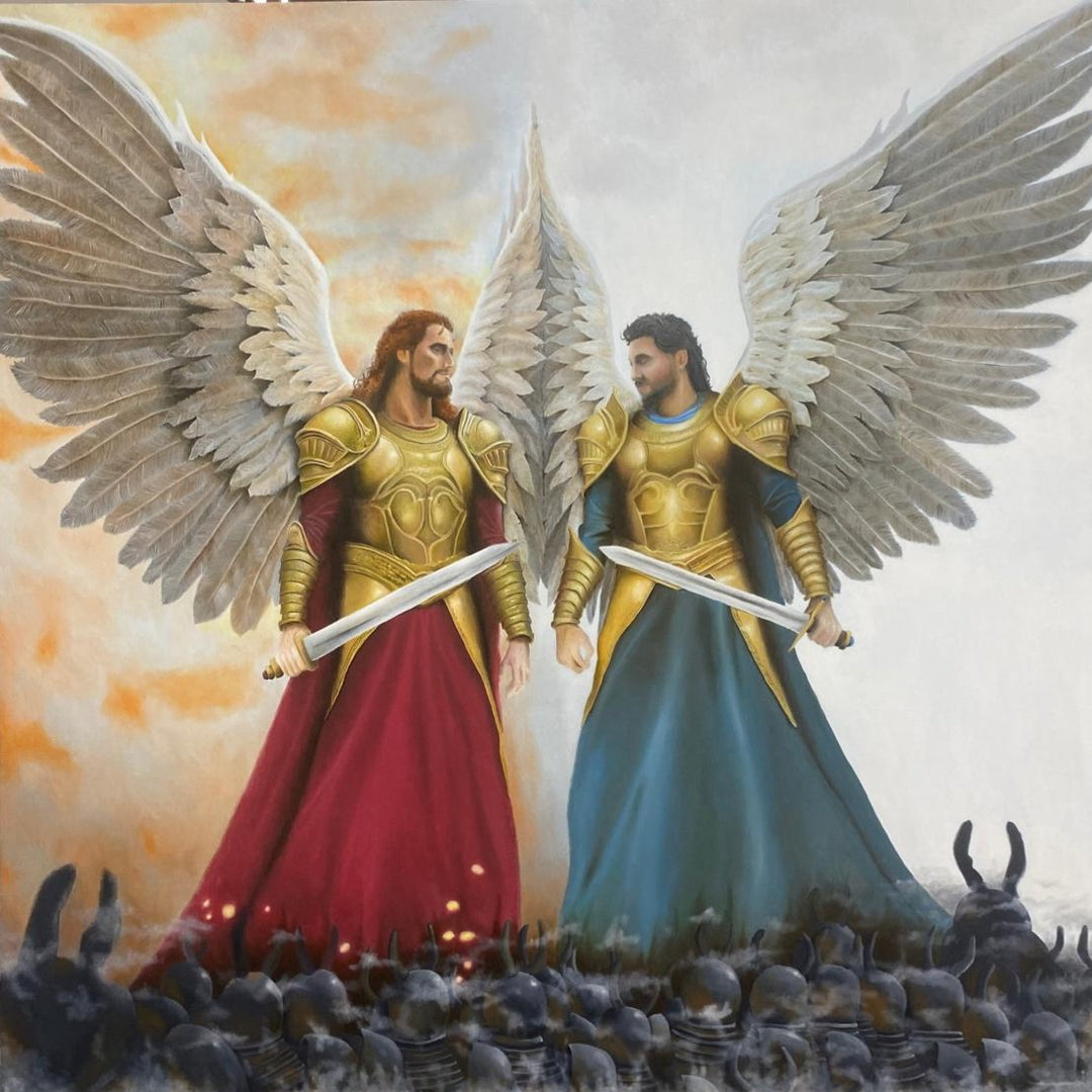 Two armoured angelic figures stand side by side, each with large grey-white feathered wings, holding swords and wearing gold breastplates with flowing red and teal garments. Warm orange light glows behind the figure on the left, cooler white light behind the figure on the right, while a dark mass of helmets fills the foreground.