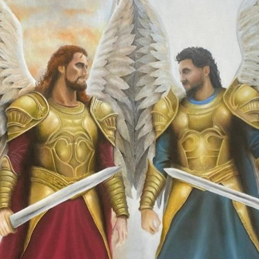 Two armoured angelic figures stand side by side, each with large grey-white feathered wings, holding swords and wearing gold breastplates with flowing red and teal garments. Warm orange light glows behind the figure on the left, cooler white light behind the figure on the right, while a dark mass of helmets fills the foreground.