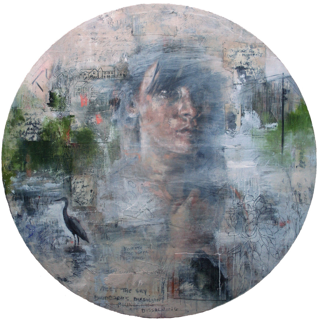 Toni Cogdell’s circular mixed media painting titled The River features a soft, partially obscured female portrait emerging from a wash of pale greys, blues, and greens. Surrounded by subtle architectural sketches, abstract textures, handwritten fragments, and a solitary heron, the piece evokes memory and landscape as one. The composition drifts fluidly between figuration and abstraction, layered with acrylic, spray paint, collage, and oil on wood panel.