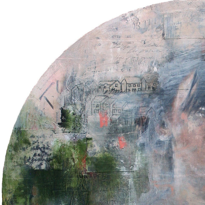 Toni Cogdell’s circular mixed media painting titled The River features a soft, partially obscured female portrait emerging from a wash of pale greys, blues, and greens. Surrounded by subtle architectural sketches, abstract textures, handwritten fragments, and a solitary heron, the piece evokes memory and landscape as one. The composition drifts fluidly between figuration and abstraction, layered with acrylic, spray paint, collage, and oil on wood panel.