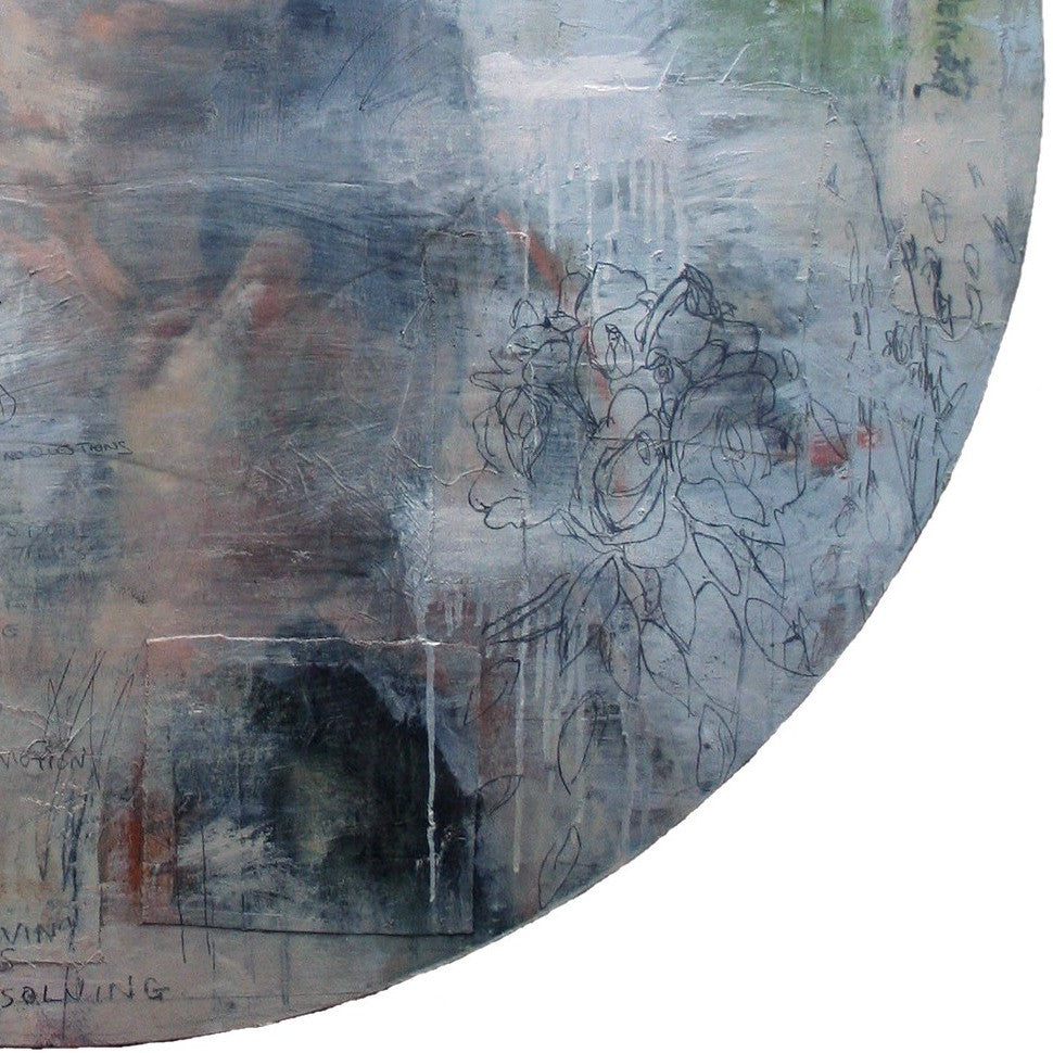 Toni Cogdell’s circular mixed media painting titled The River features a soft, partially obscured female portrait emerging from a wash of pale greys, blues, and greens. Surrounded by subtle architectural sketches, abstract textures, handwritten fragments, and a solitary heron, the piece evokes memory and landscape as one. The composition drifts fluidly between figuration and abstraction, layered with acrylic, spray paint, collage, and oil on wood panel.