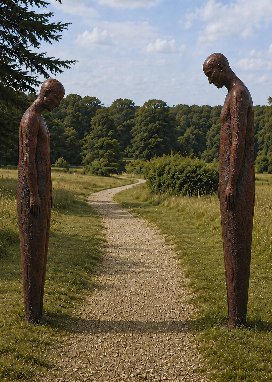 Martin Cash iron resin figurative sculpture The Space Between, featuring two tall elongated human figures facing one another with bowed heads in a landscaped outdoor setting.