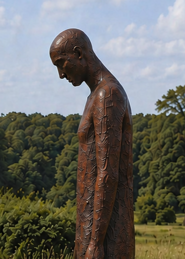 Martin Cash iron resin figurative sculpture The Space Between, featuring two tall elongated human figures facing one another with bowed heads in a landscaped outdoor setting.