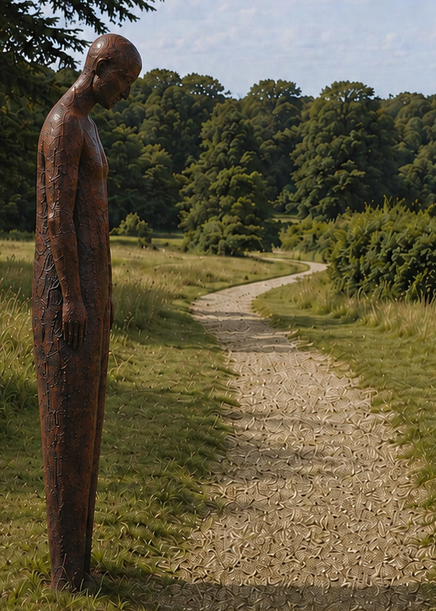 Martin Cash iron resin figurative sculpture The Space Between, featuring two tall elongated human figures facing one another with bowed heads in a landscaped outdoor setting.
