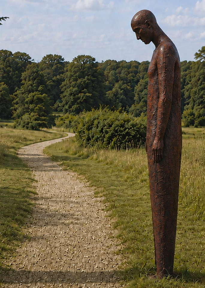 Martin Cash iron resin figurative sculpture The Space Between, featuring two tall elongated human figures facing one another with bowed heads in a landscaped outdoor setting.