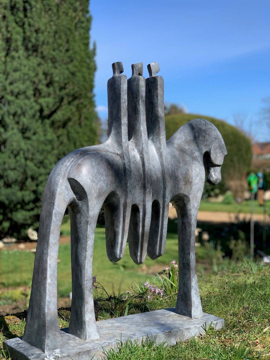 Marie Ackers The Three Riders bronze horse sculpture with abstracted equestrian forms and three stylised riders. Available in grey or verdigris patina, limited edition, suitable for indoor or outdoor display, signed and foundry stamped.